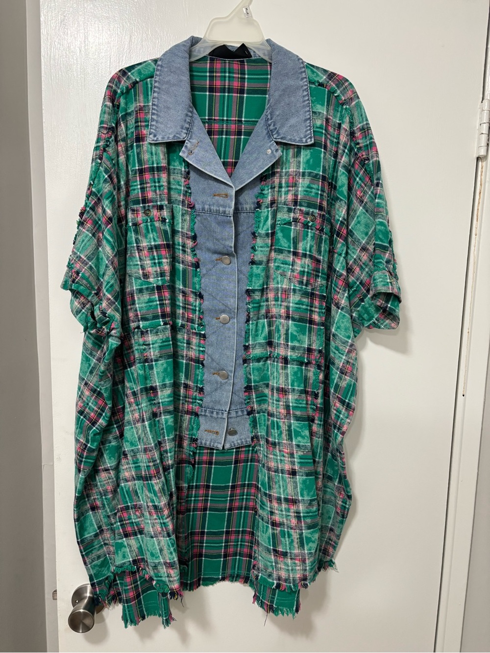white birch Green Plaid Button-Front Shirt with Denim Trim